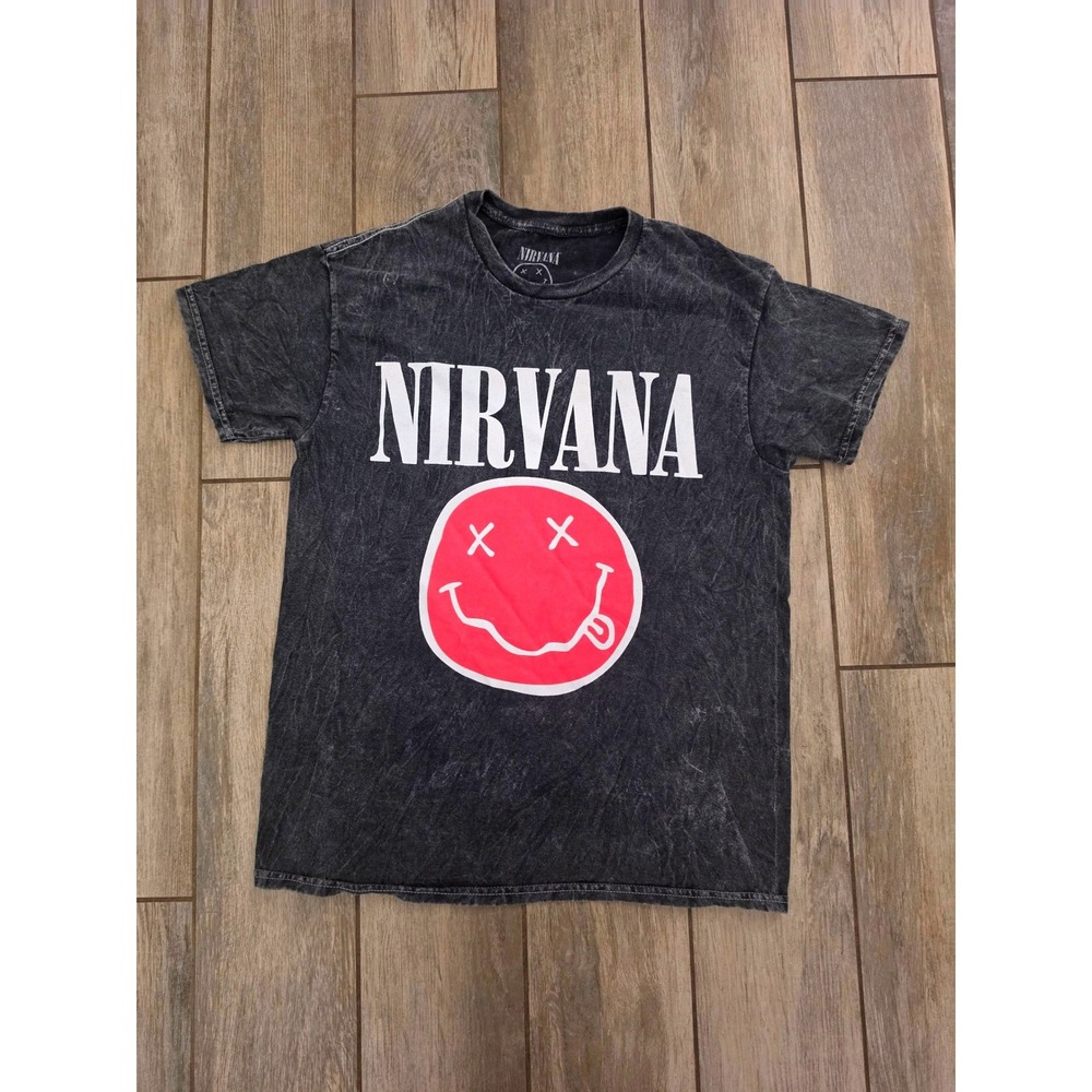 Nirvana Live 93 Tour Graphic T-Shirt Mens Medium Charcoal Acid Wash Pink Smiley